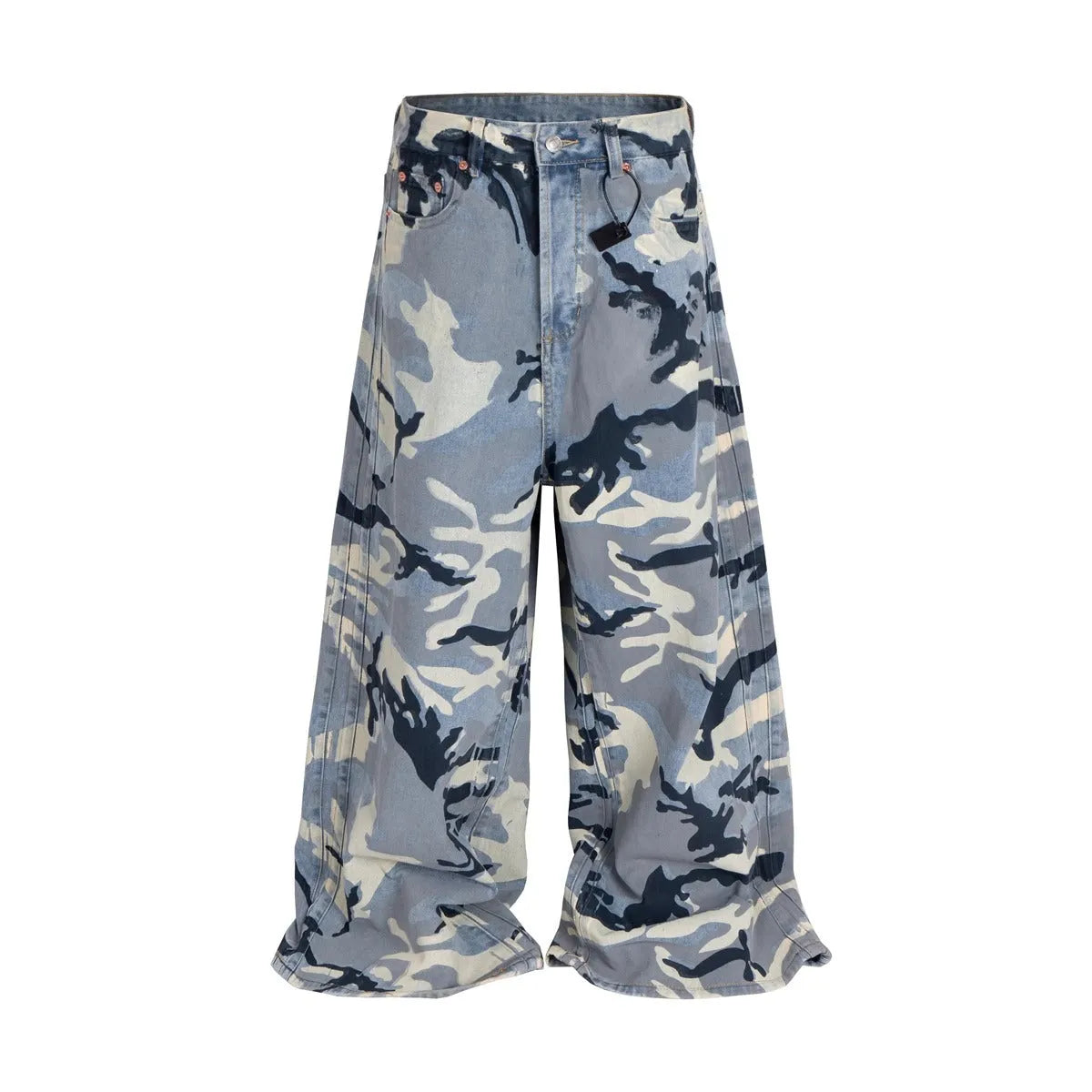 Snow camouflage blue loose fit denim jeans with mid-waist design and elastic fabric