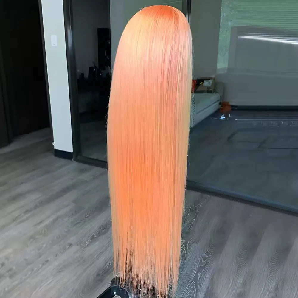 Light orange long straight synthetic wig with front lace and side bangs