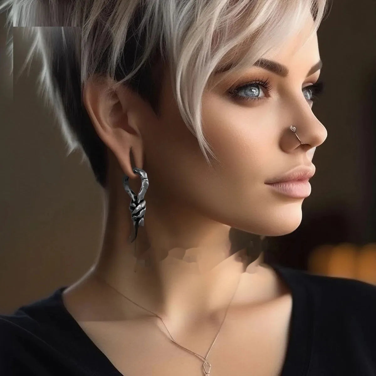 Close-up of copper retro earrings with a bending design for cartilage piercing.