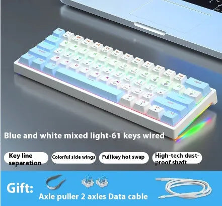Blue and white 61-key mechanical keyboard with compact layout and hot-swappable switches
