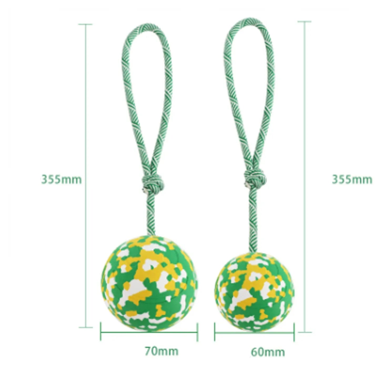 Natural rubber dog ball on a nylon rope for fetch and tug games with a medium dog