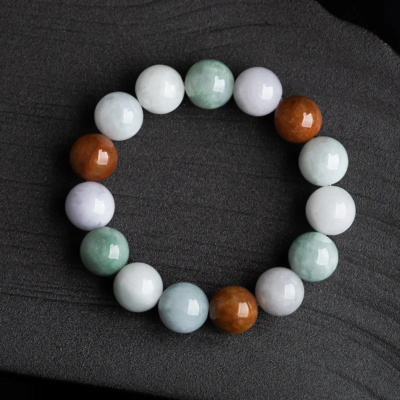 Women's Myanmar jade tricolor bracelet with 13mm round beads and national style design