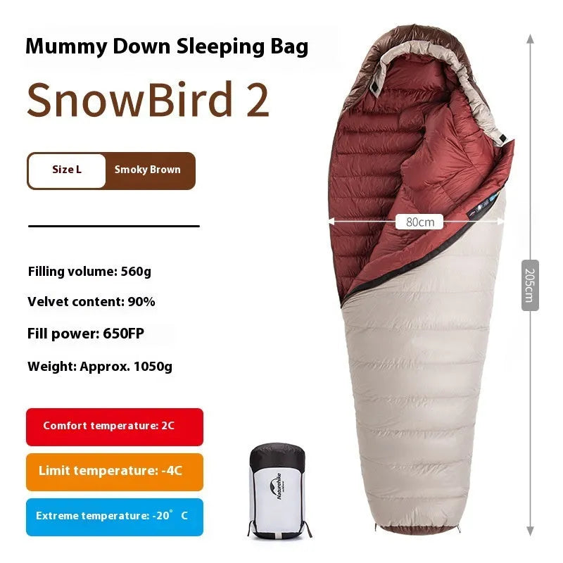 A mummy-style sleeping bag with a storage bag, filled with goose down, available in multiple size and weight configurations.