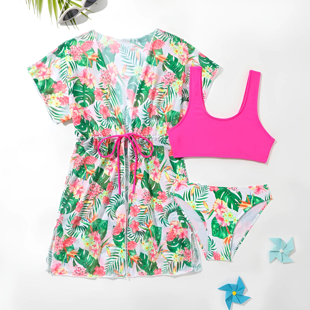 Girls' floral pattern two-piece polyester swimsuit for swimming ages 3-12