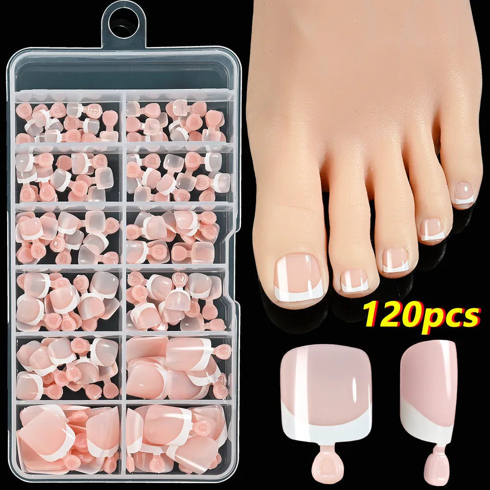 Box of 120 French white tip artificial toenails in nude colours, square short shape.