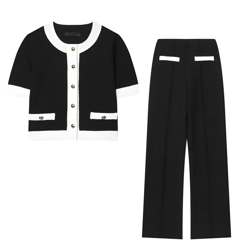 Street fashion polyester suit with beaded leather round neck top and high-waisted stretch trousers
