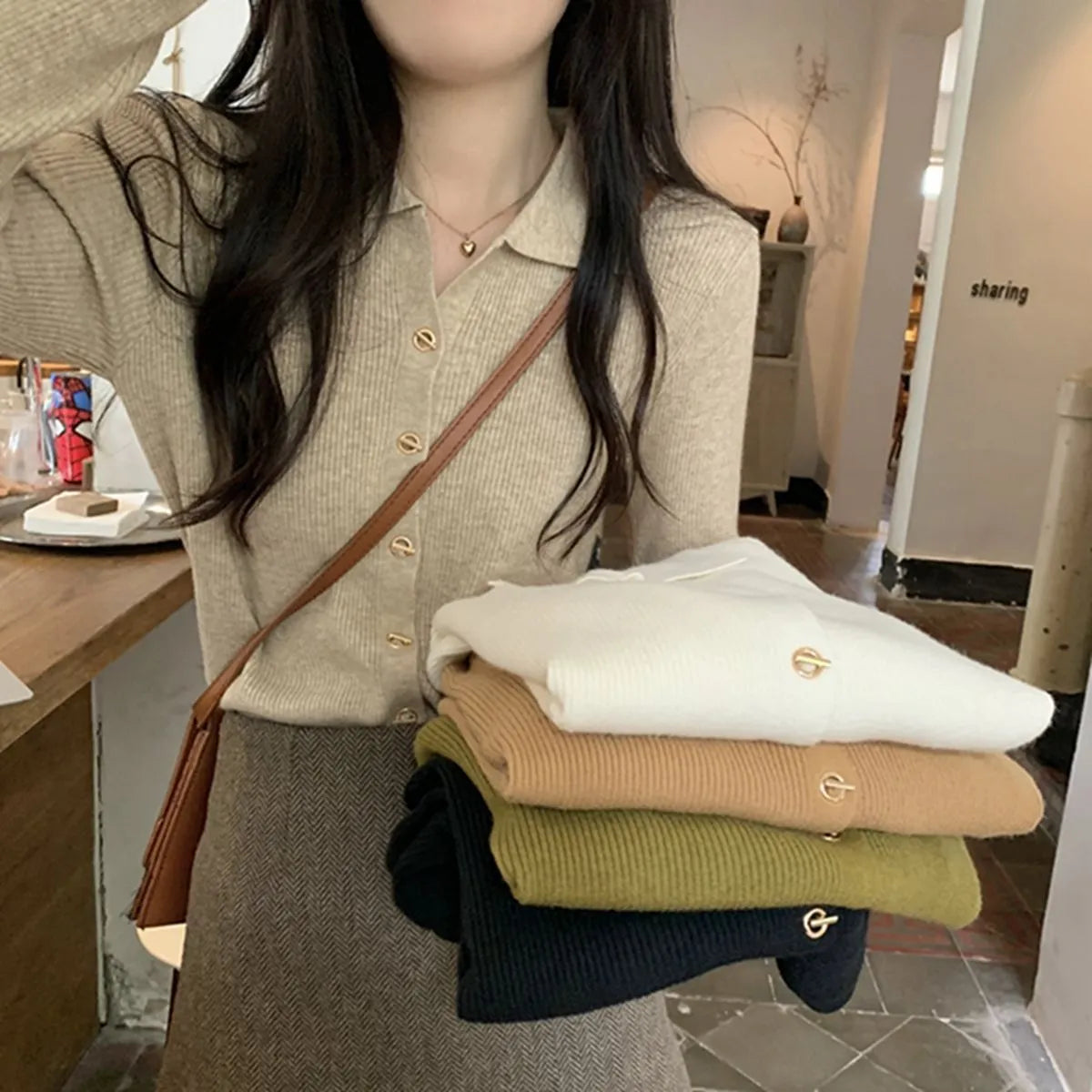 Loose long sleeve viscose knitted cardigan top in beige, black, green, khaki, or oatmeal colour.