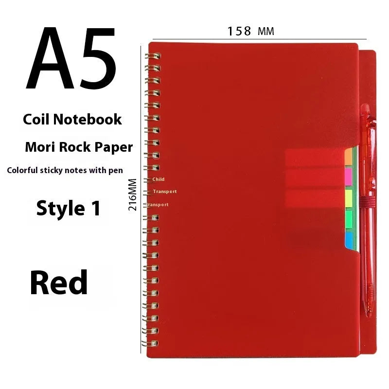 A5 erasable coil notebook with stone paper, open to show reusable pages and included pen, with custom cover options displayed.