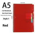 A5 erasable coil notebook with stone paper, open to show reusable pages and included pen, with custom cover options displayed.
