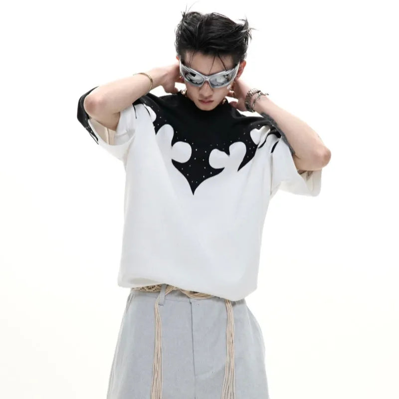 Men's red cotton T-shirt with three-dimensional stitching patterns and rhinestone detailing on front