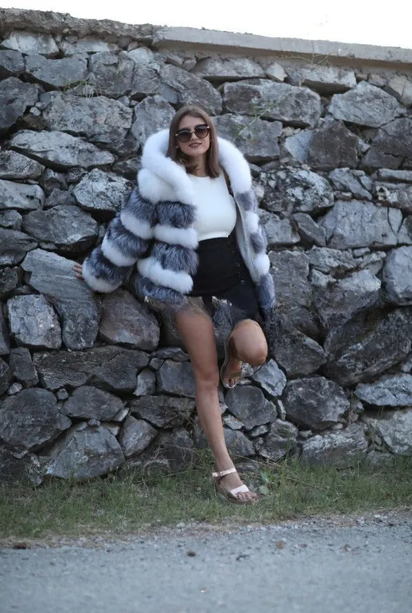 Women's artificial fur hooded coat in street fashion style with 65cm medium length