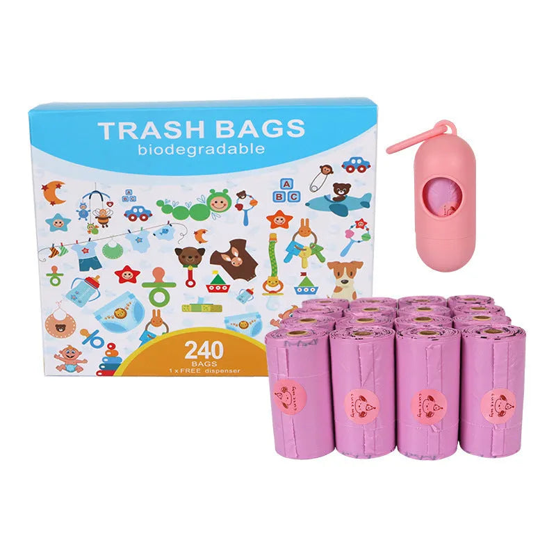 Military green degradable dog waste bags with black bone print measuring 23 by 33 centimetres