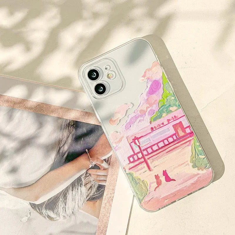 Soft silicone iPhone case with colourful two cats cartoon design on PC material rear cover