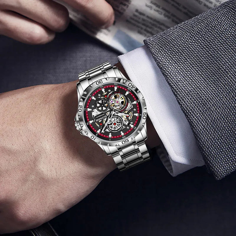 Men's double-sided skeleton automatic watch with luminous hands and stainless steel strap