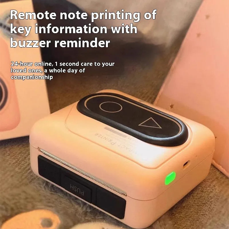 Portable Bluetooth thermal mini printer in avocado green, pink, yellow duck, or white, showing compact size next to a smartphone.