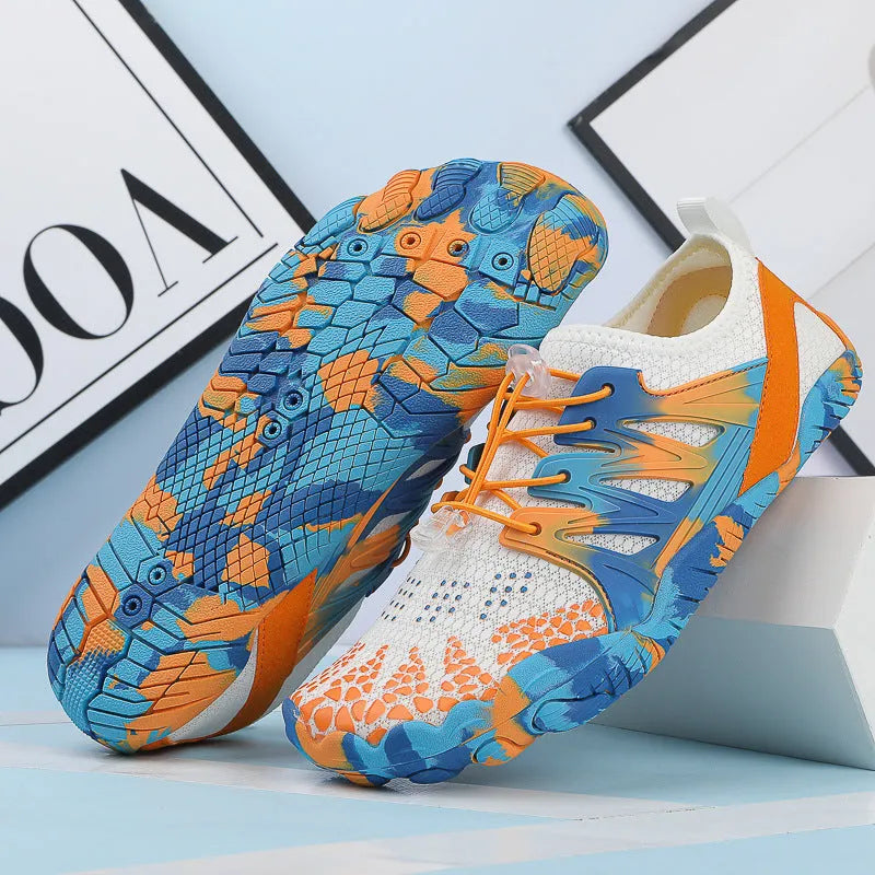 Men's and women's quick-drying mesh wading shoes in various colours on a non-slip rubber sole.