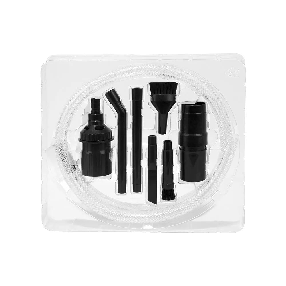 Eight-piece vacuum cleaner nozzle set with crevice tool, brushes, and storage bag for home and car cleaning.