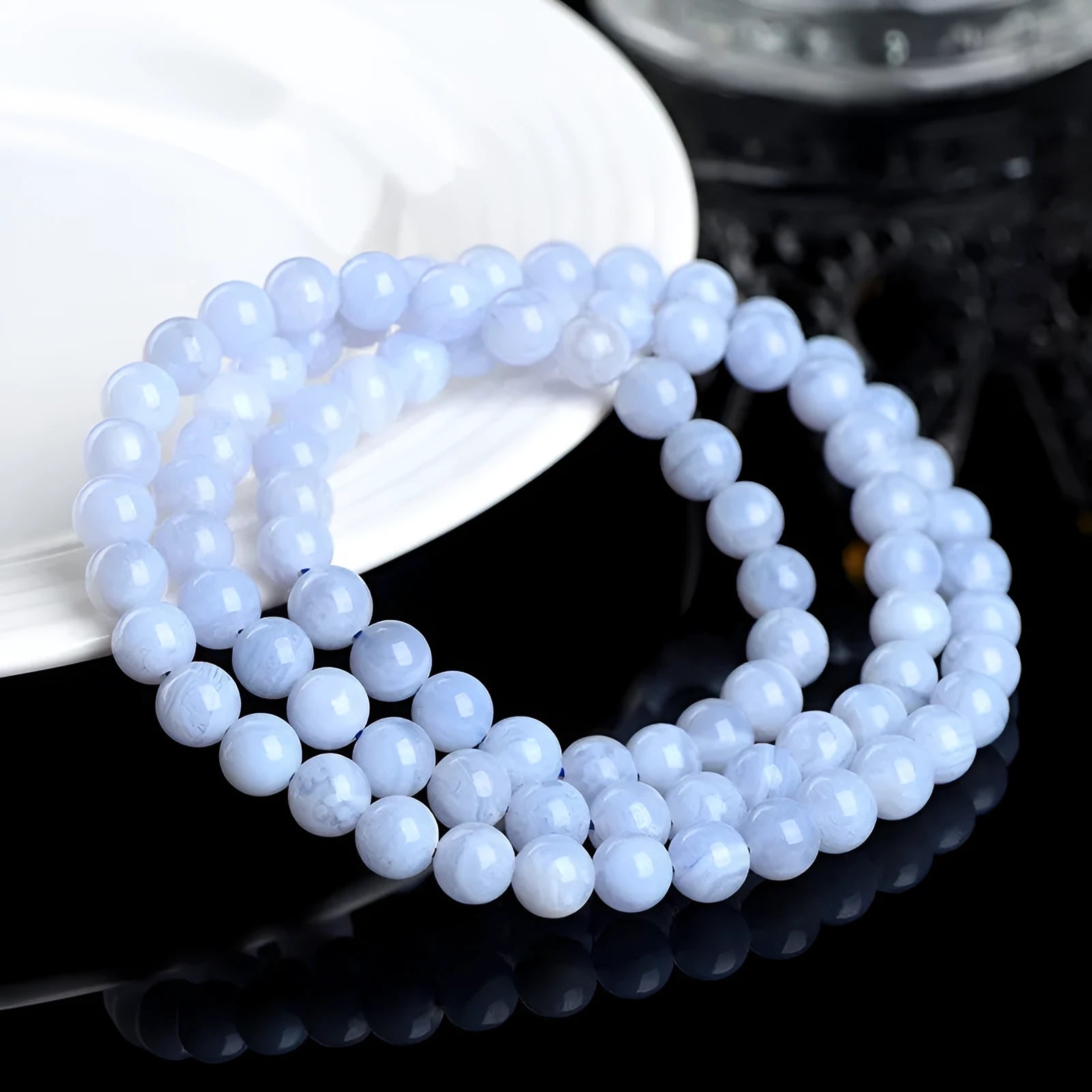 Natural blue agate bracelet with multi-circle patterns and Ruyi-style design elements