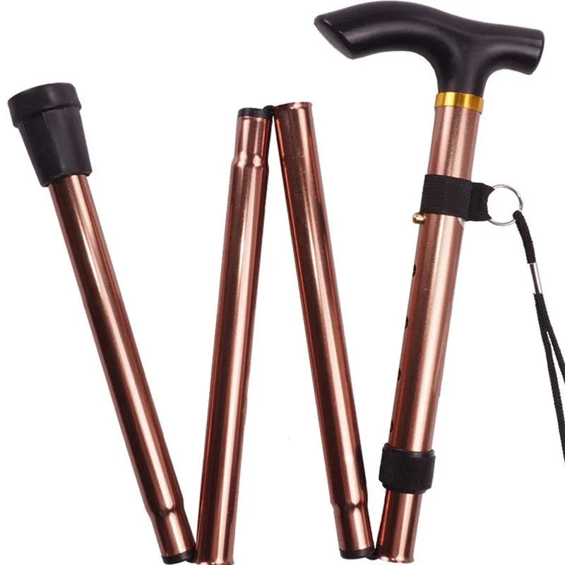 Aluminium folding walking stick extended to show height adjustment and non-slip rubber handle