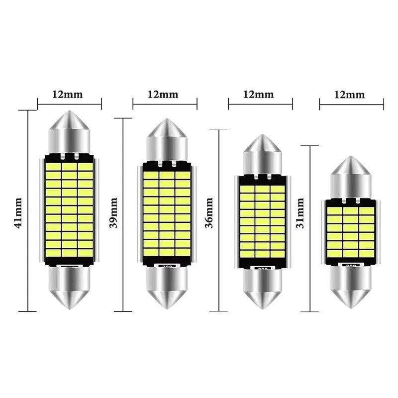 Aluminium double tip car roof light in white, showing four size options for vehicle interior use.