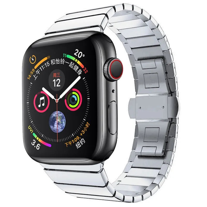 Stainless steel metal chain Apple Watch band with butterfly buckle in silver colour.