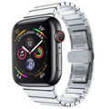 Stainless steel metal chain Apple Watch band with butterfly buckle in silver colour.
