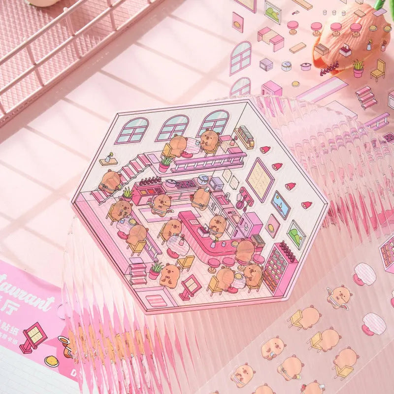 Capabala cut-free PET cartoon stickers showing eight different scene designs including a pink restaurant and a blue fruit shop