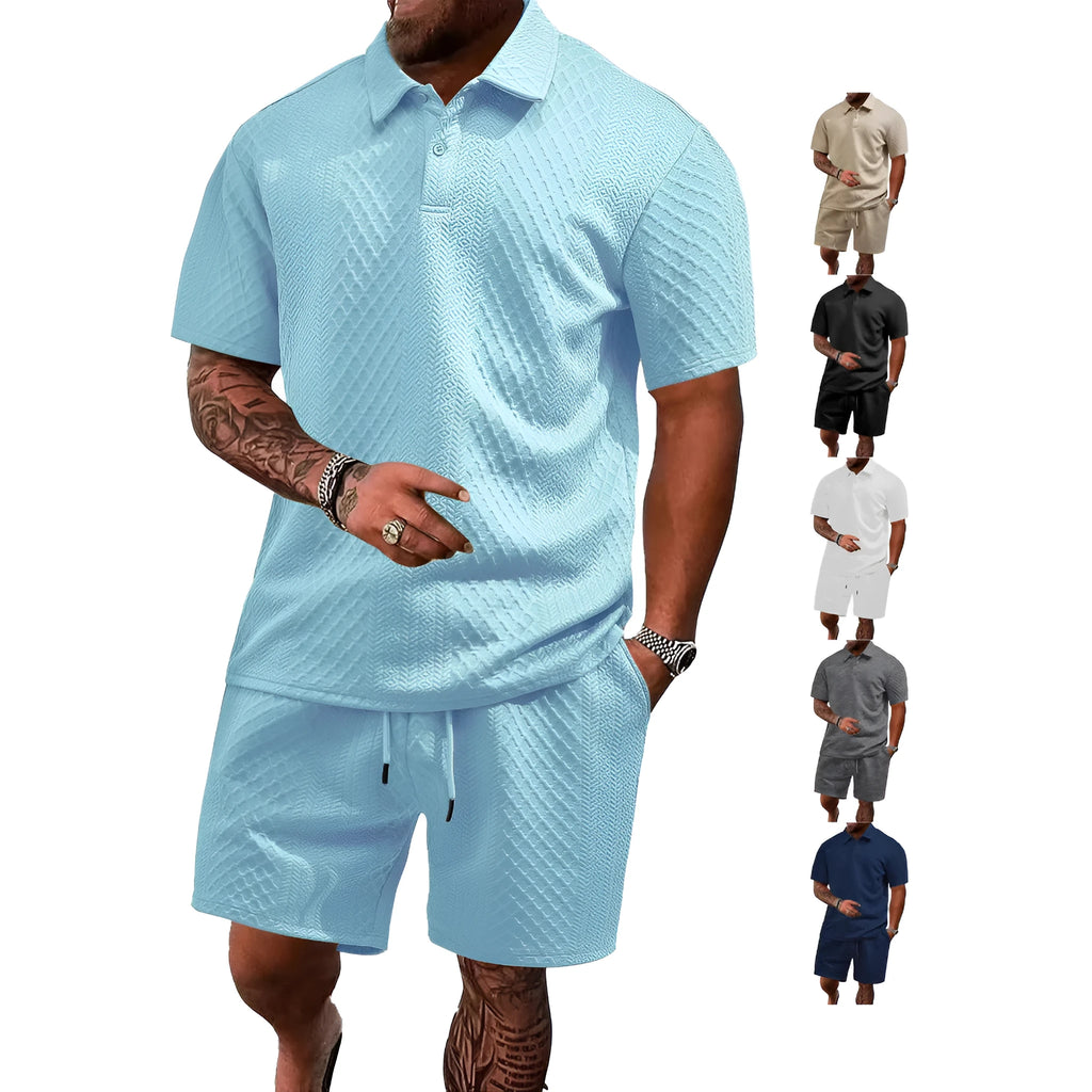 Men's figured cloth short sleeve casual suit with polo top and matching trousers in multiple colour options
