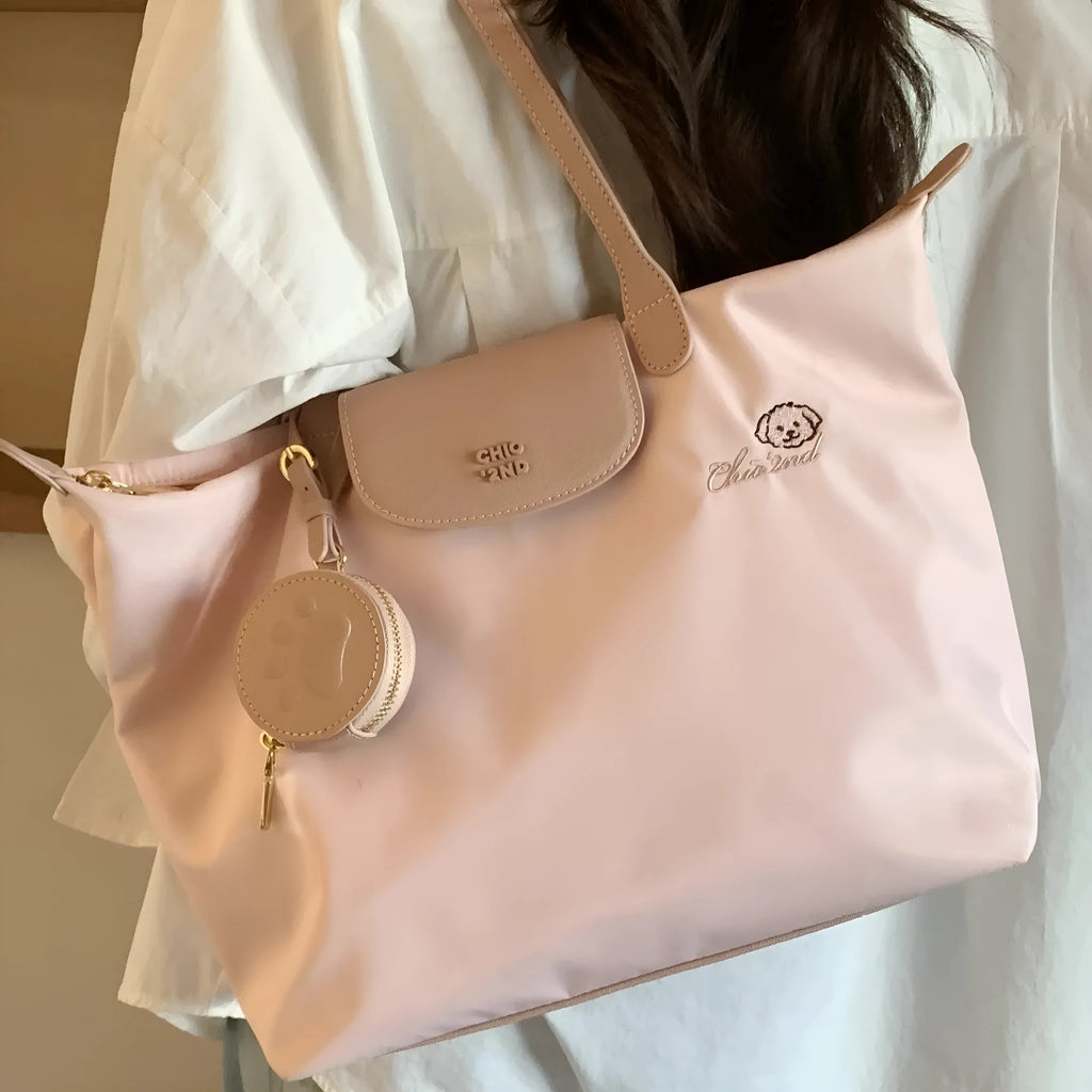 Oxford cloth tote shoulder bag with sandwich pockets in pink colour