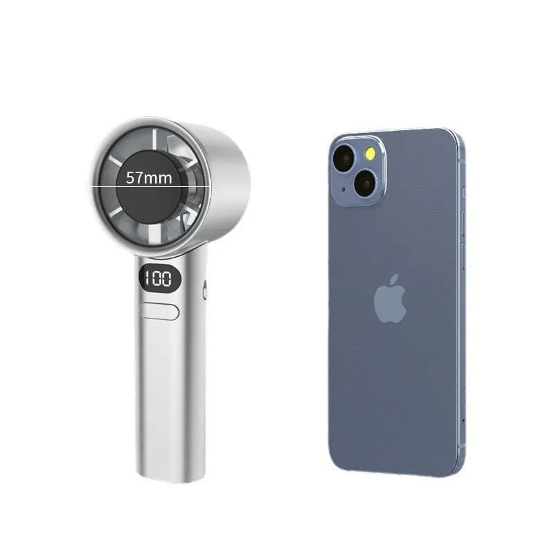 Handheld USB fan in green colour with plastic blades, showing variable speed control and 1800mAh capacity