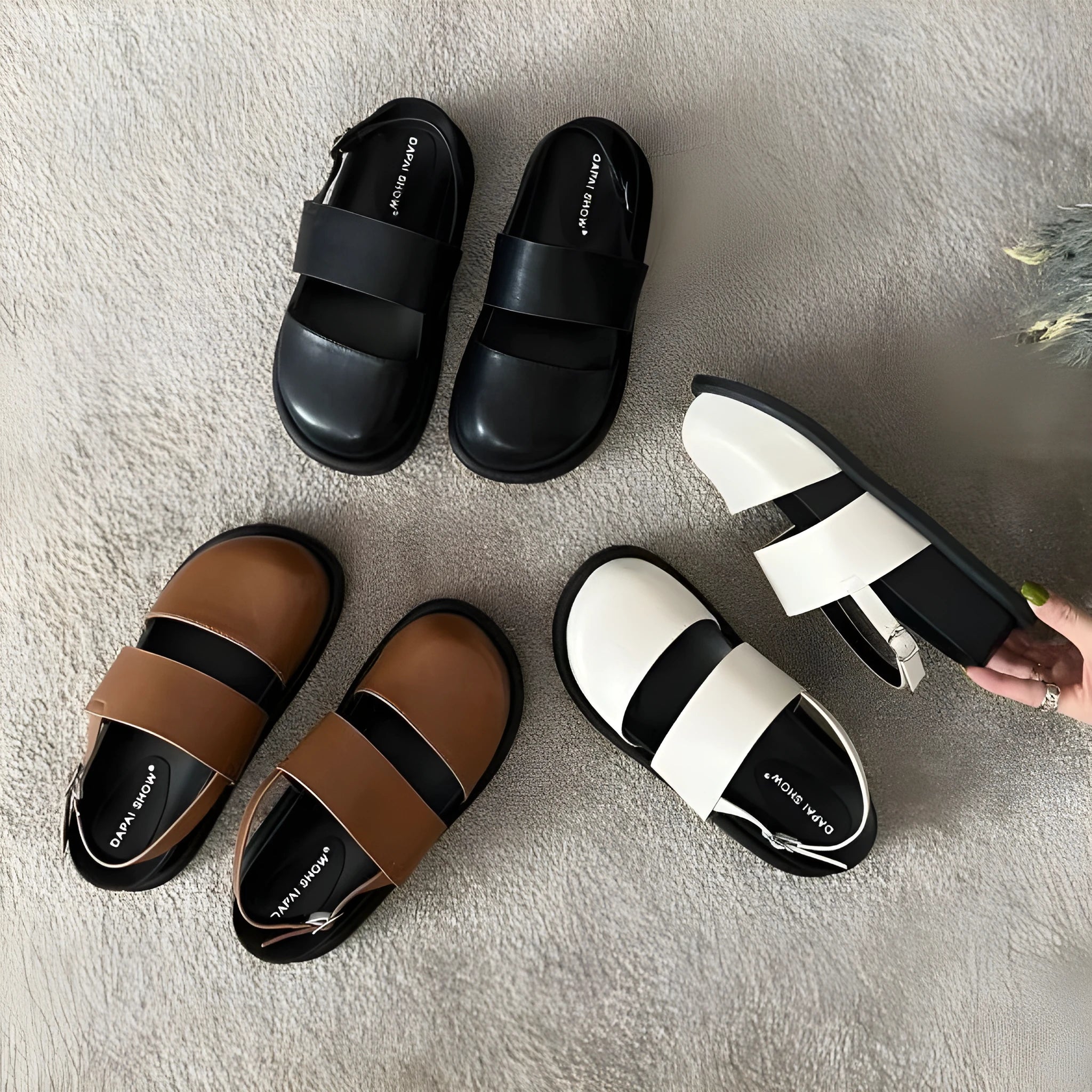 Korean style retro sandals with raised sole, closed toe and adjustable ankle strap buckle in microfiber
