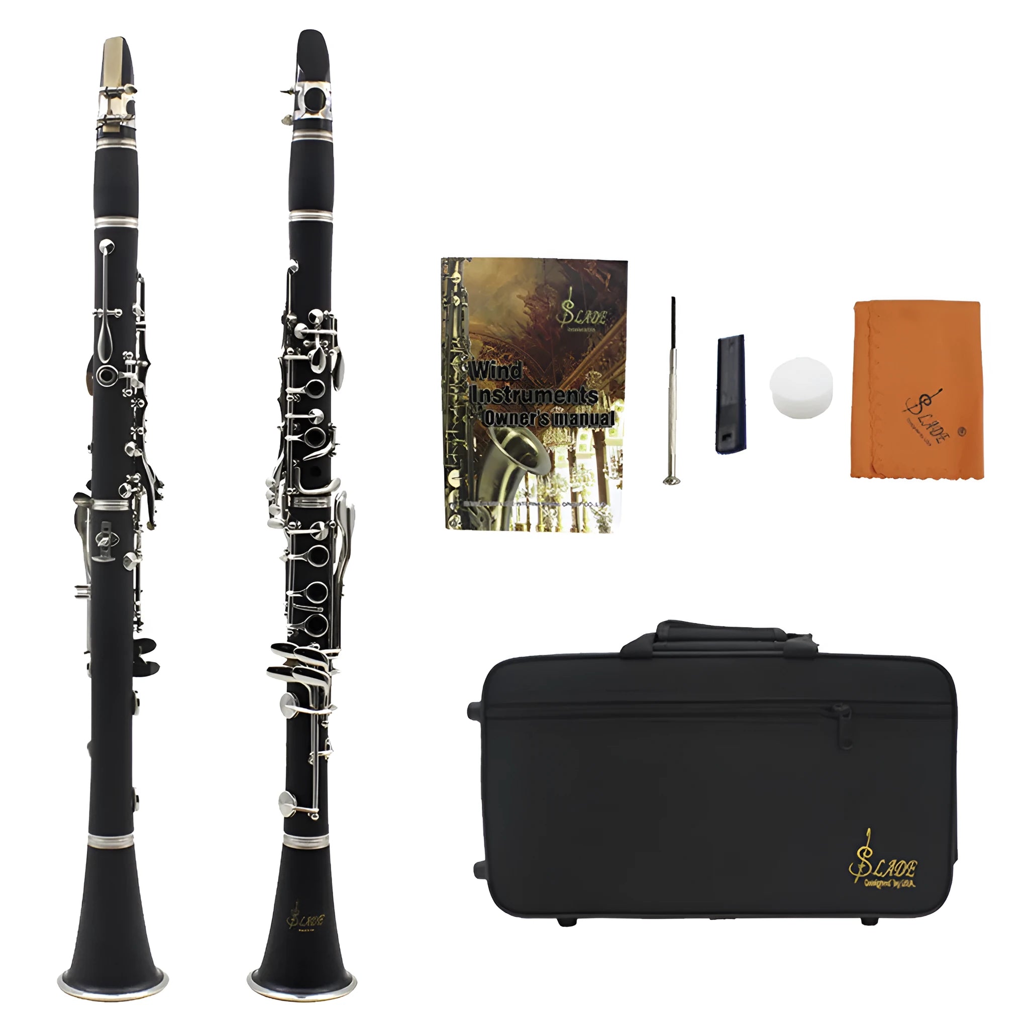Black clarinet with 17 nickel-plated keys and protective carrying bag