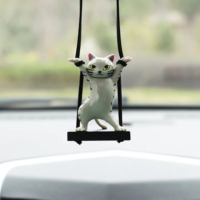 Cartoon-style resin cat pendant for car interior with adjustable rope in multiple colour options