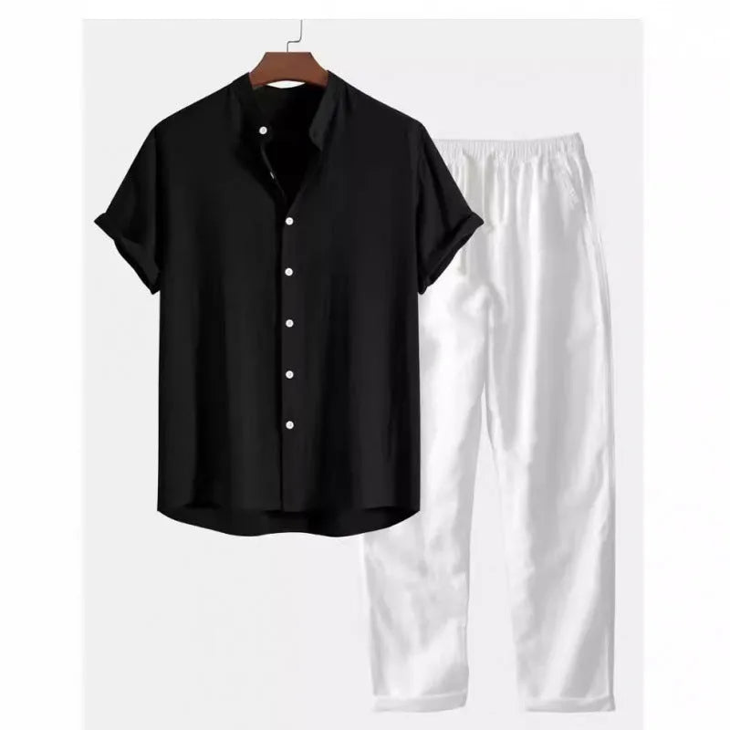 Men's loose fit linen-look casual suit set with short sleeve shirt and trousers