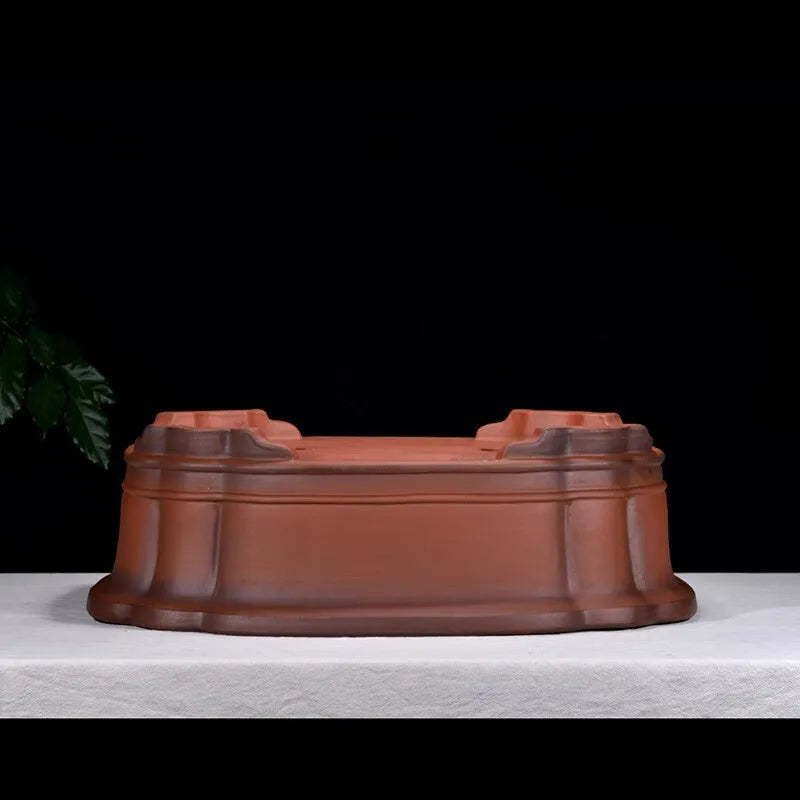 Chinese-style purple clay flowerpot with antique crabapple decoration and jade belt detailing