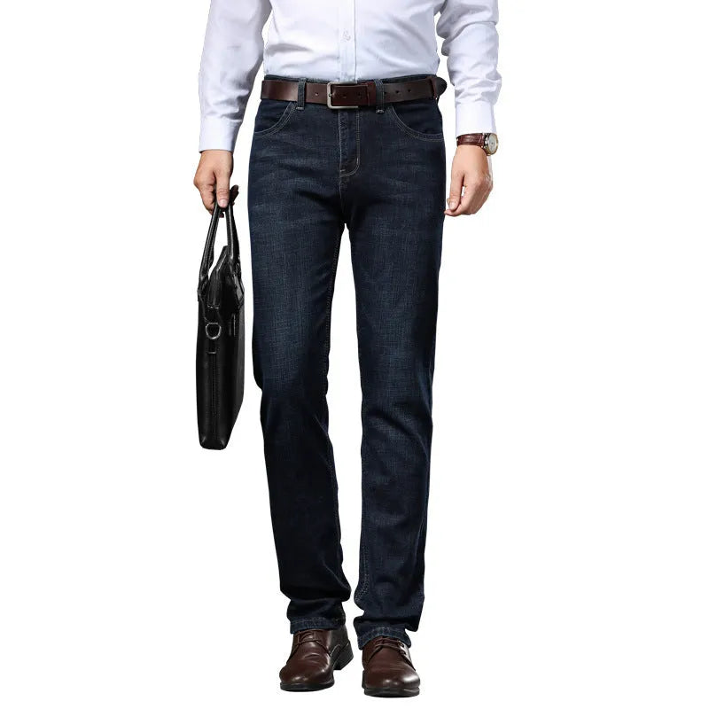 Black and blue loose fit stretch jeans straight-leg trousers on a hanger