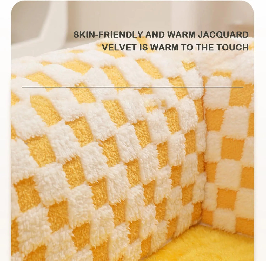 Fan-shaped plaid pet bed with integrated tunnel for dogs and cats in coffee colour, showing soft plush fabric.