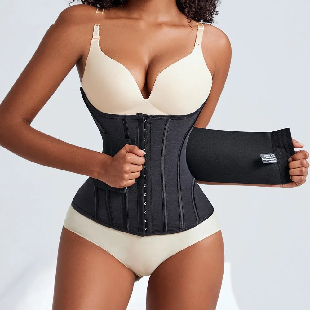 Nylon belly band waist trainer in black and apricot colours with adjustable belt tie