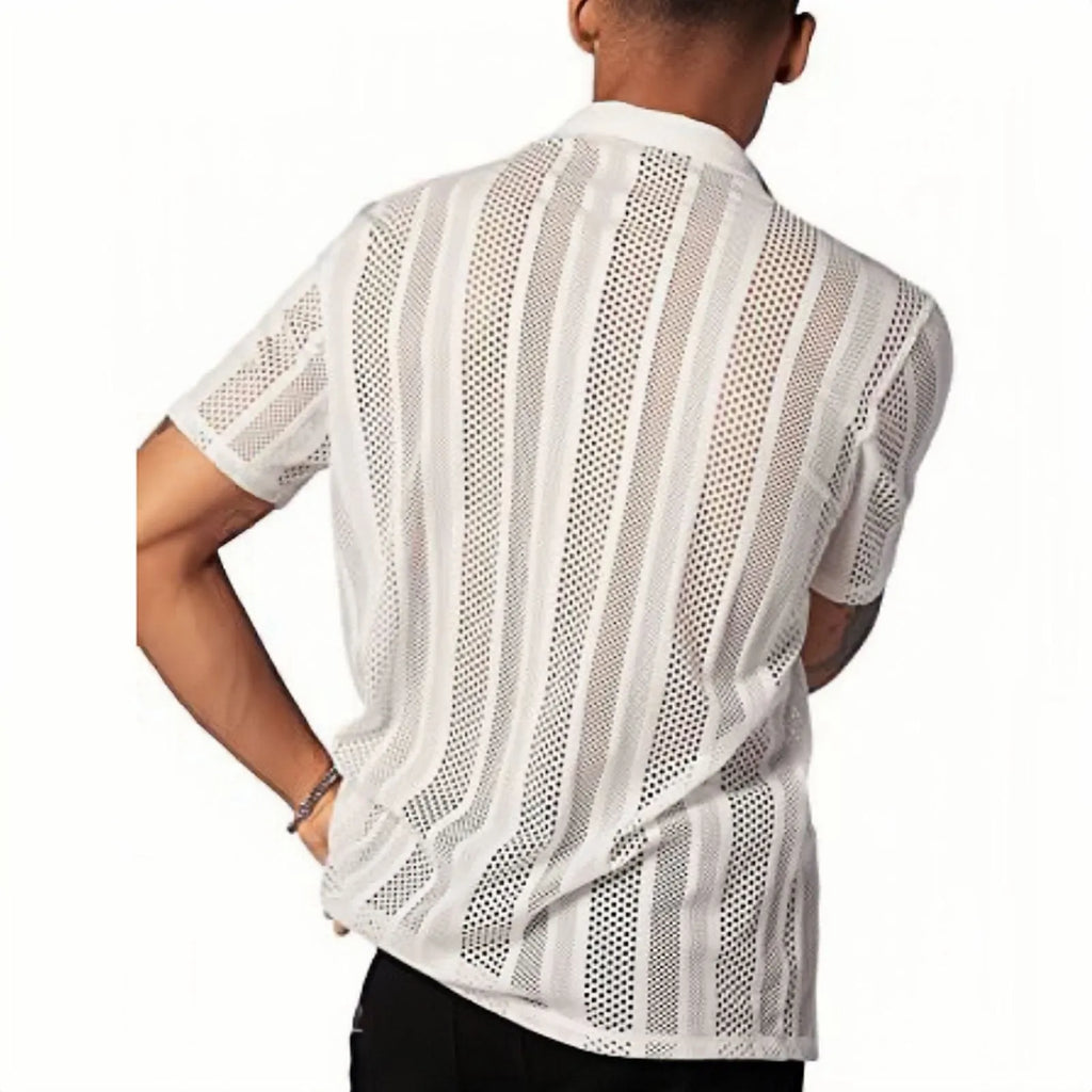 Men's black knitted short-sleeved button-front cardigan shirt with jacquard pattern