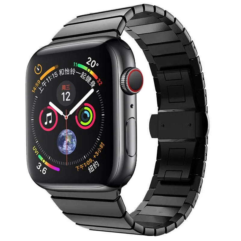 Stainless steel metal chain Apple Watch band with butterfly buckle in silver colour.