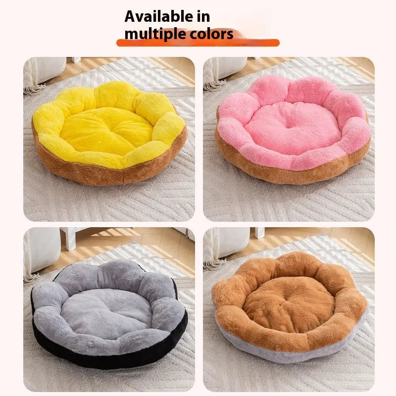 Round rabbit plush cat bed with removable washable cover in brown grey colour
