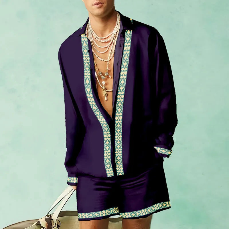 Men's casual summer shirt and shorts matching set in polyester fabric, slim fit, on a mannequin.