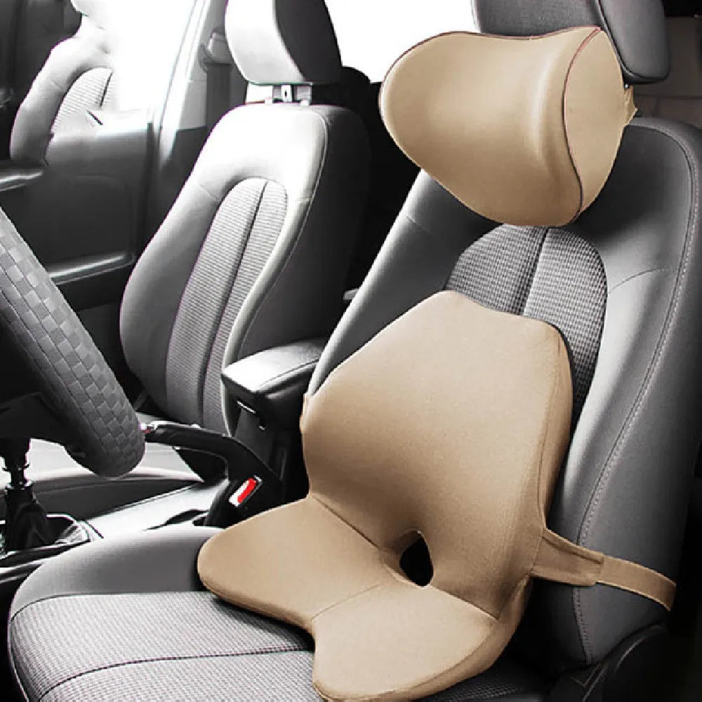 Memory foam car waist support cushion in beige colour, shown alongside optional matching headrest.