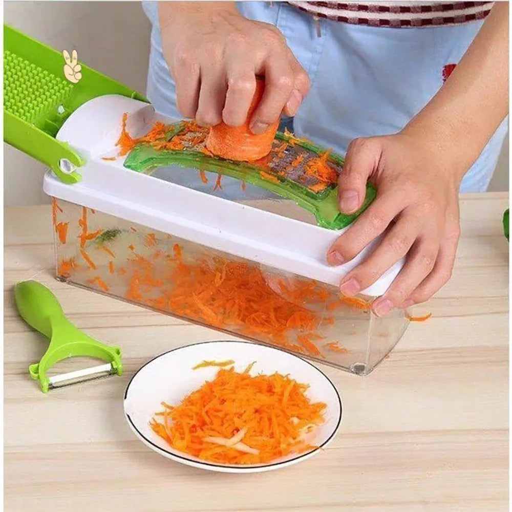 Green manual food chopper set with stainless steel blades, showing 12 pieces including handle and accessories.