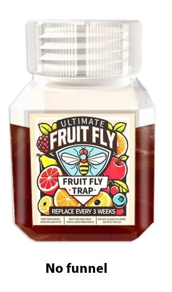 Bottle of fruit fly trapper bait liquid with specification options for trap systems.