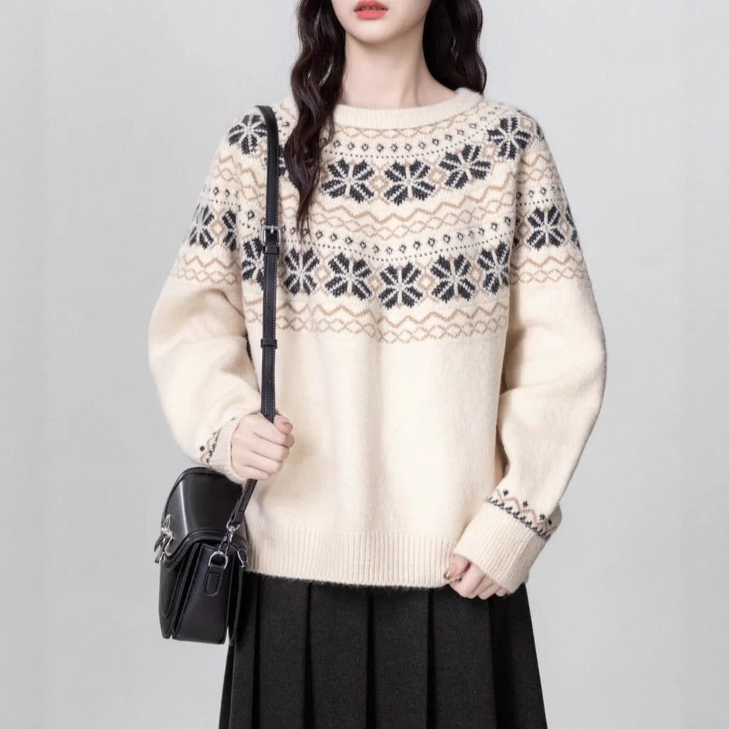 Women's milky white Fair Isle patterned pullover sweater with geometric design and crew neck.