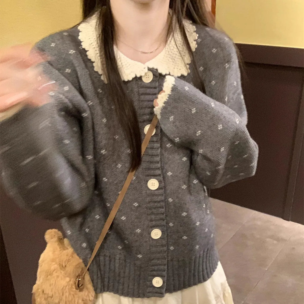 Retro Peter Pan collar floral pattern knitted cardigan coat in poly-cashmere fabric