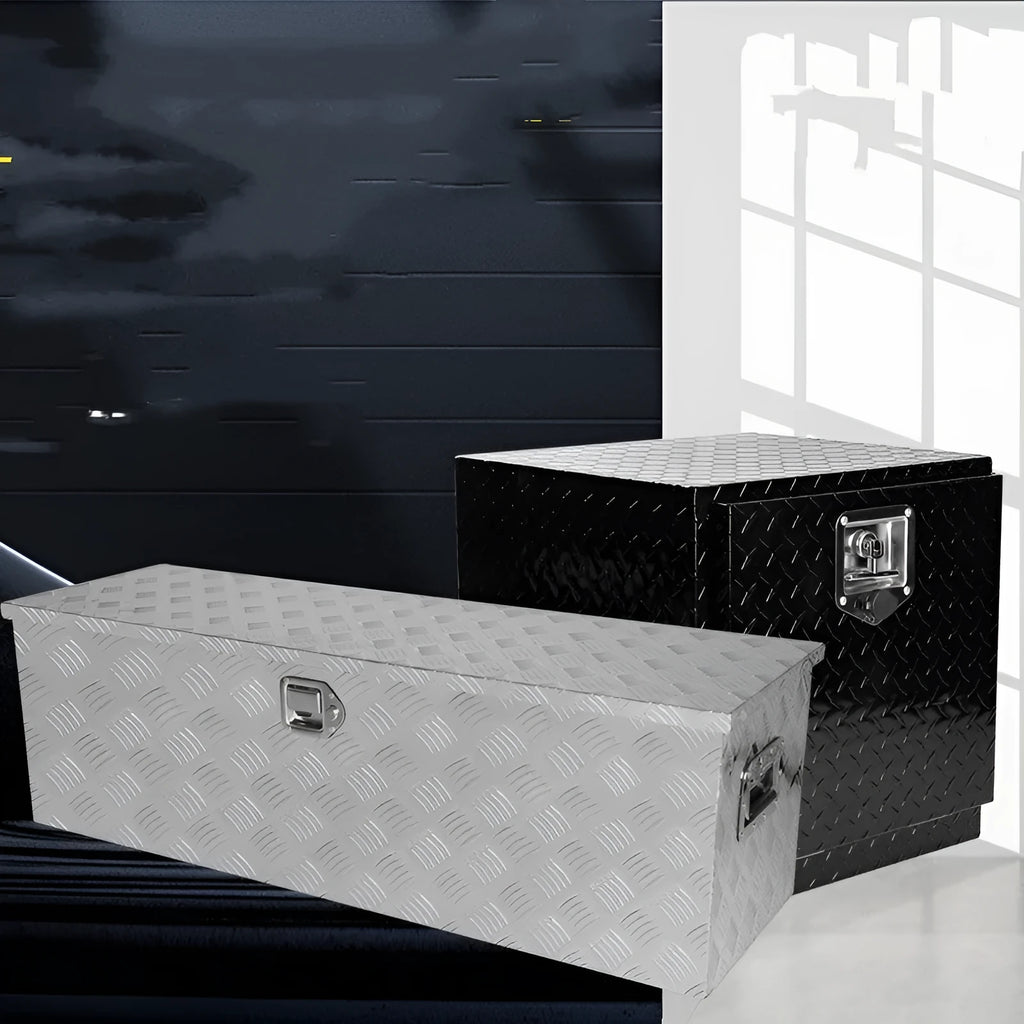 Black aluminium alloy 26-inch toolbox with T-casting construction for workshop tool storage