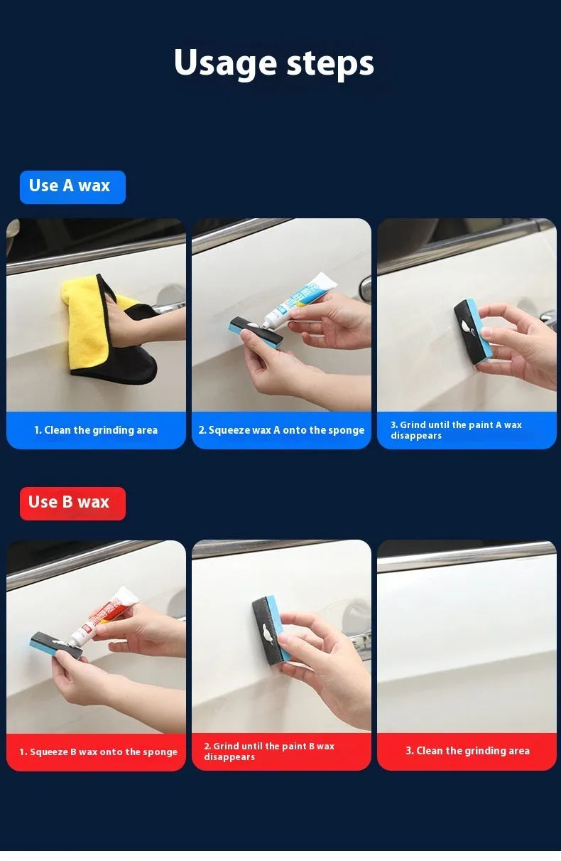 Car repair wax kit showing bottles of A wax and B wax with a frosted sponge mop for paint scratch removal and polishing.