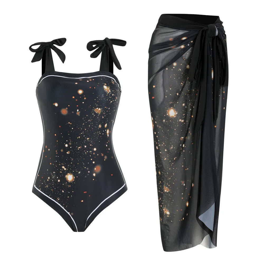 Floral print one-piece swimsuit with mesh tube top and detachable skirt in brown colour